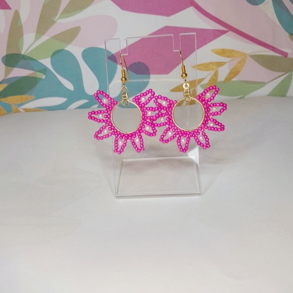 Pink and Gold Bohemian Crochet Earrings - Picture 2 of 2